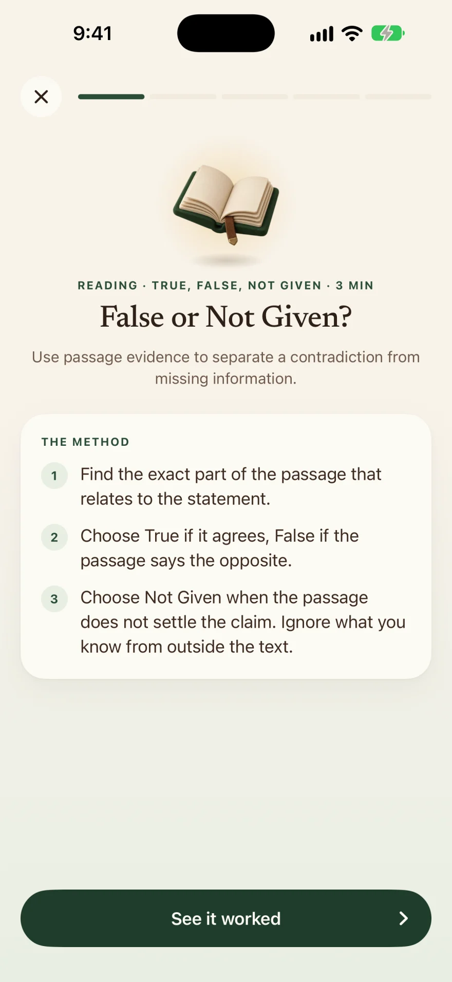 The lesson False or Not Given?, with its three-step method.