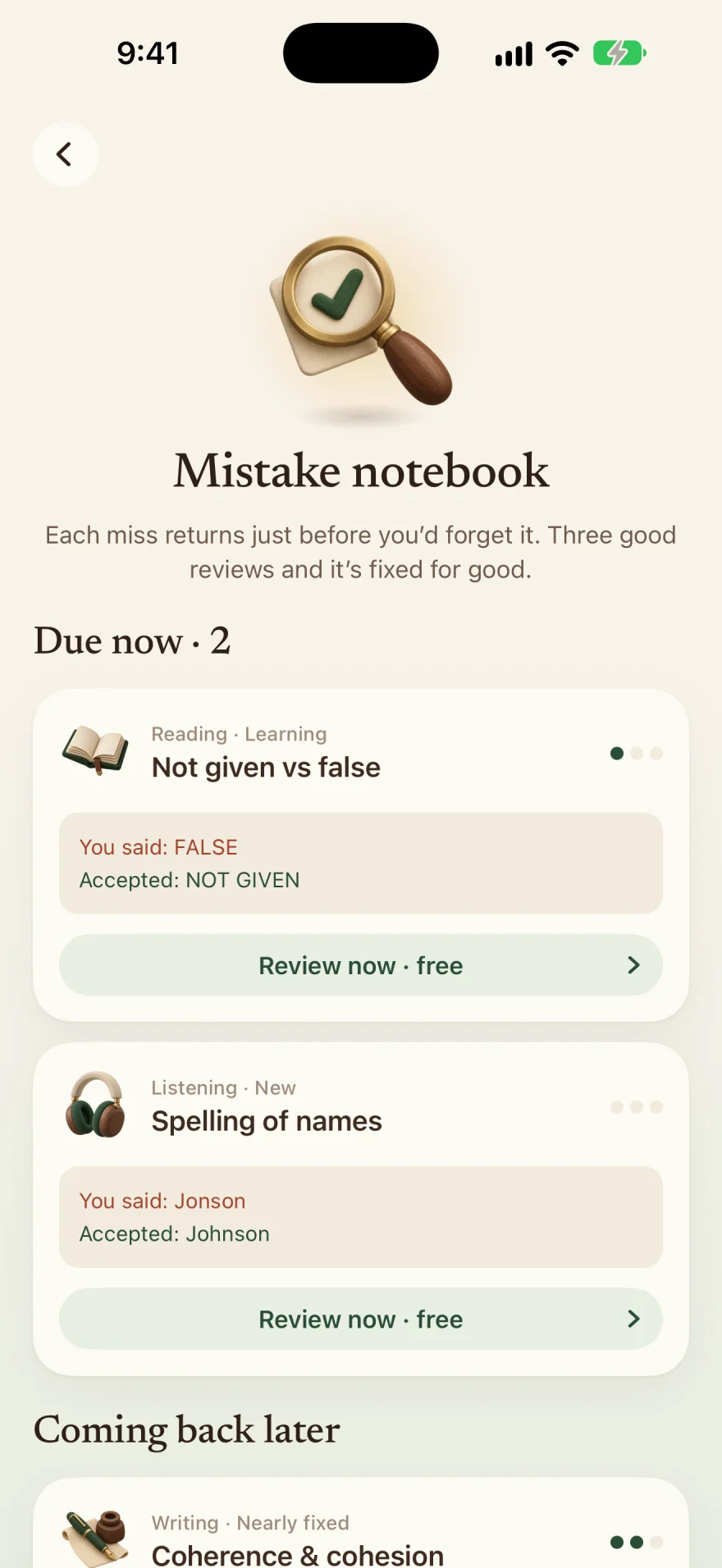 The mistake notebook: two mistakes due now.