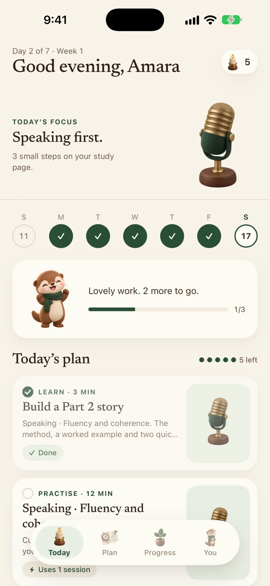 The Today screen: Day 2 of 7, a five-day streak, a finished lesson and today's practice.